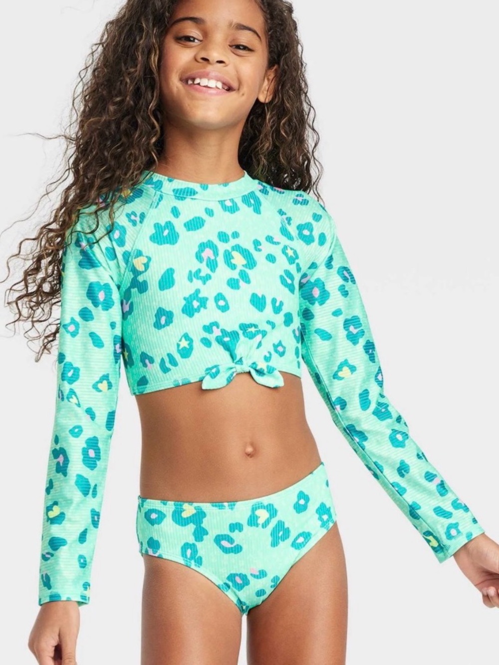 NWT Cat & Jack Mint Green Leopard-Print Long-Sleeve Rashguard Top